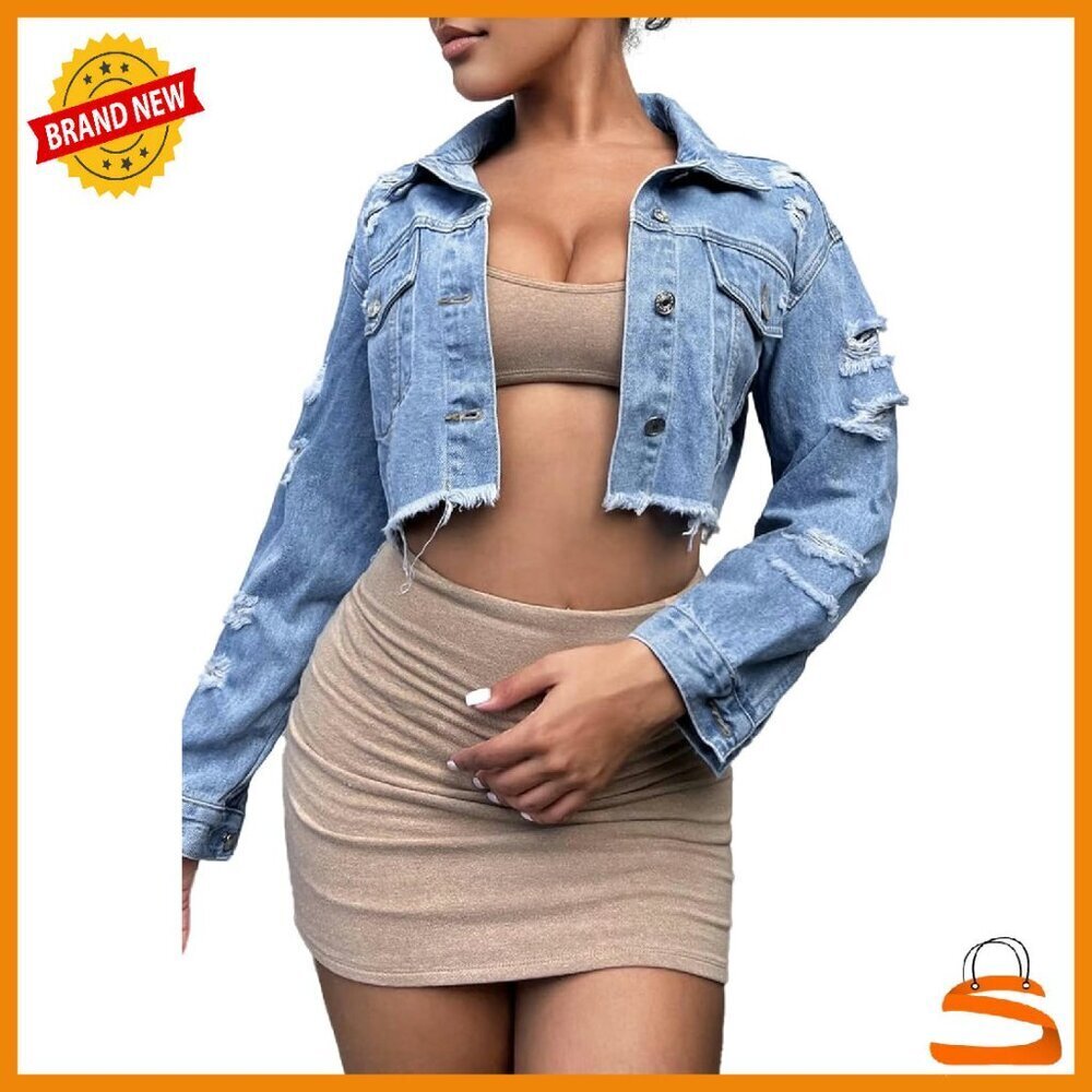 Ripped Denim Jacket Cropped Lightweight Vintage Frayed Casual